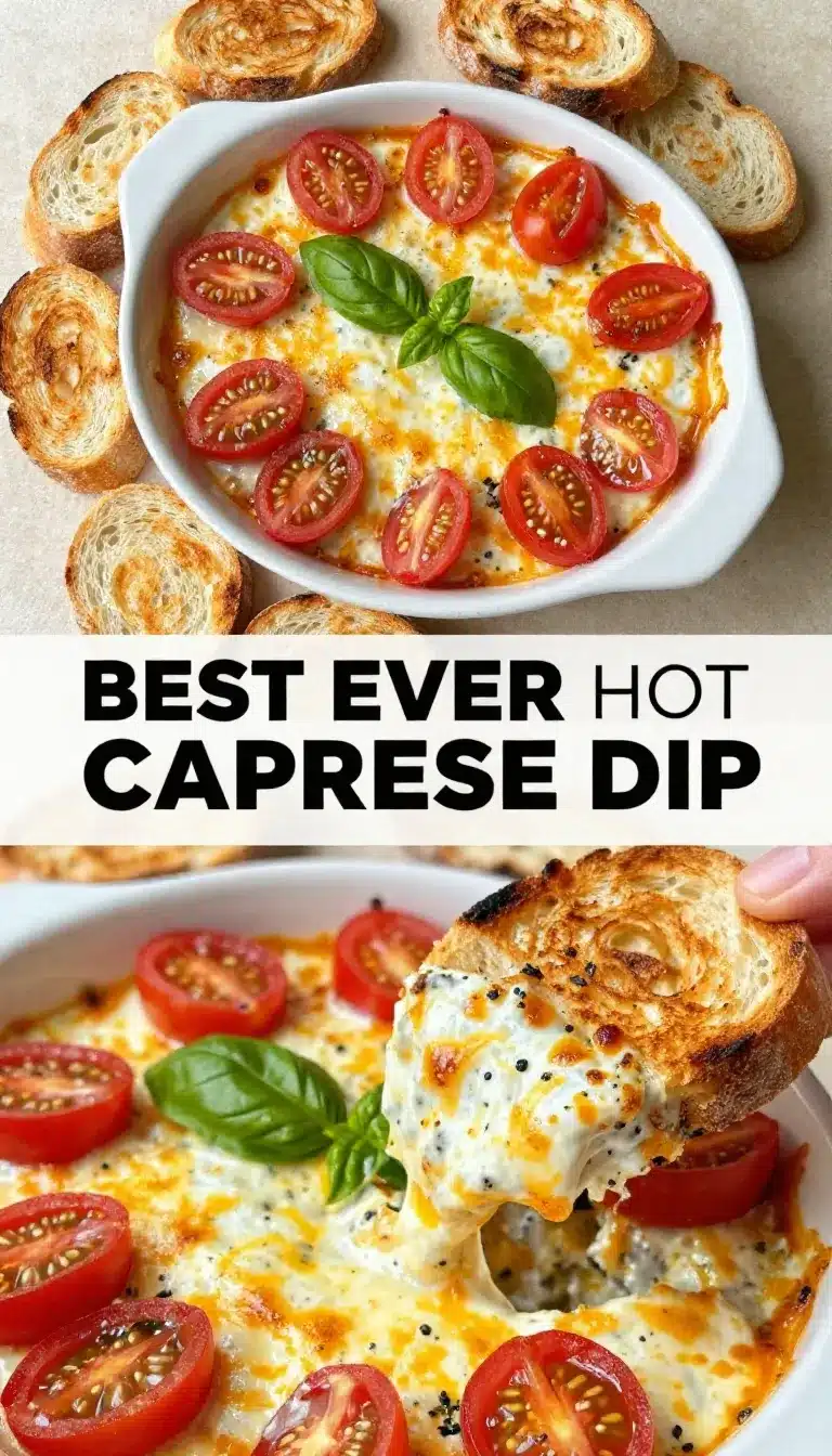Easy Caprese Dip 8 A bowl of easy Caprese dip garnished with fresh basil and cherry tomatoes