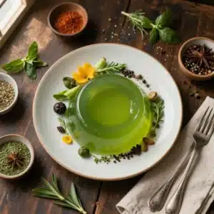 A bowl of green tea gelatine garnished with mint leaves on a wooden table.