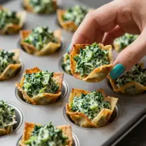 Delicious spinach and artichoke wonton cups served on a wooden platter