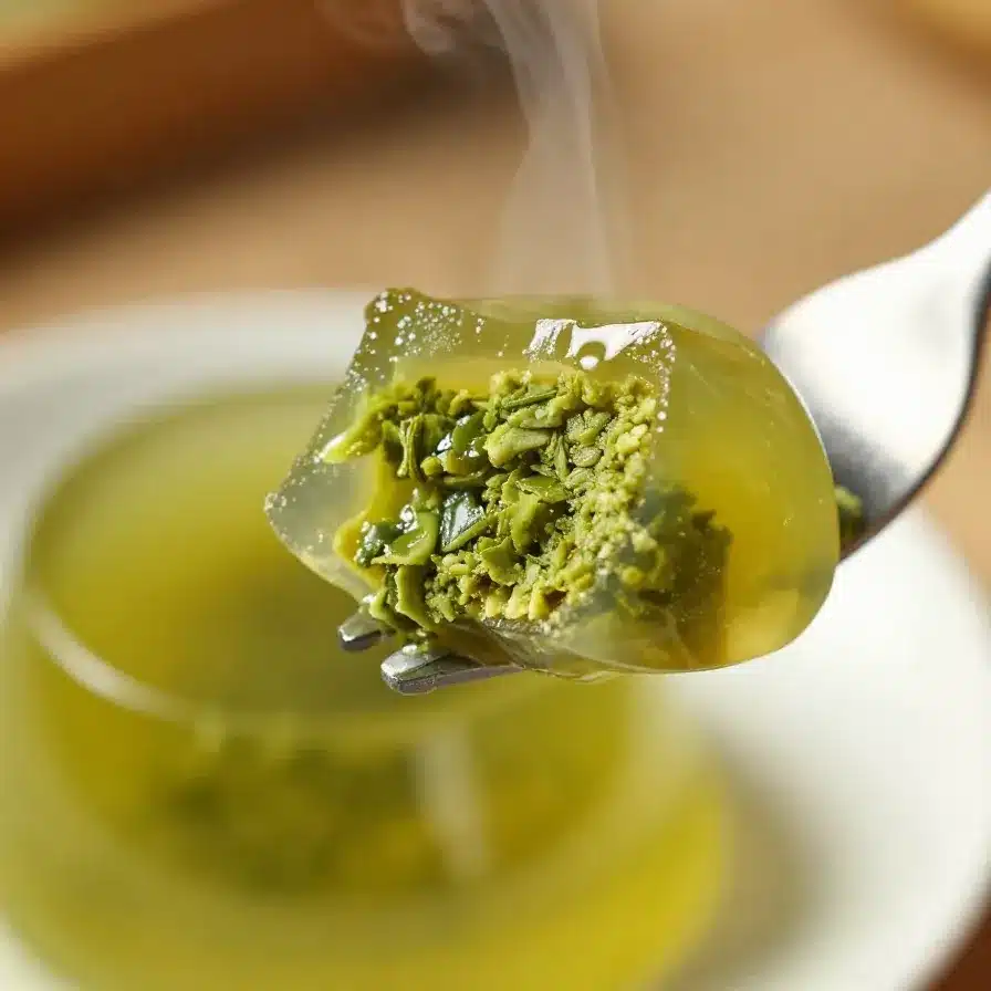 A bowl of green tea gelatine garnished with mint leaves on a wooden table.
