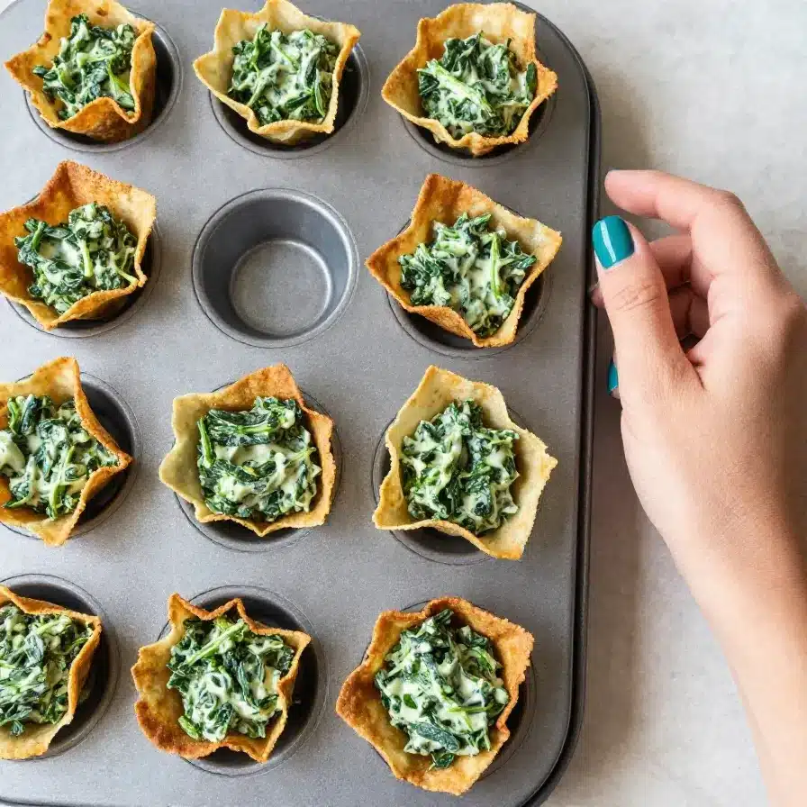 Spinach and Artichoke Wonton Cups 5 Delicious spinach and artichoke wonton cups served on a wooden platter