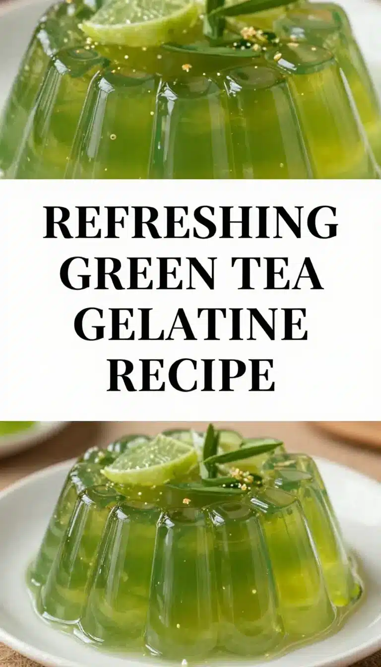 A bowl of green tea gelatine garnished with mint leaves on a wooden table.