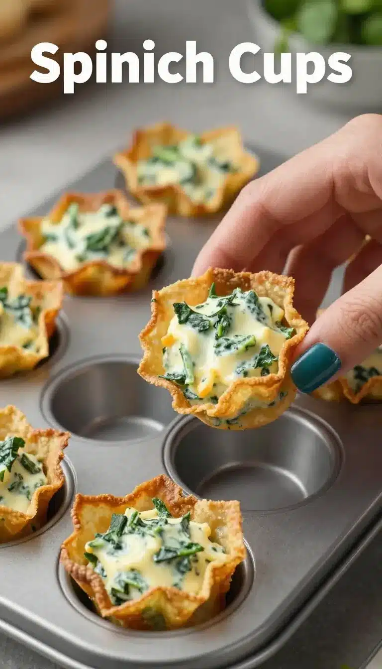 Spinach and Artichoke Wonton Cups 8 Delicious spinach and artichoke wonton cups served on a wooden platter