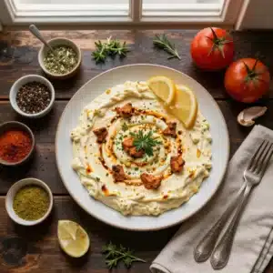 A creamy buffalo chicken dip served in a white bowl with tortilla chips on the side