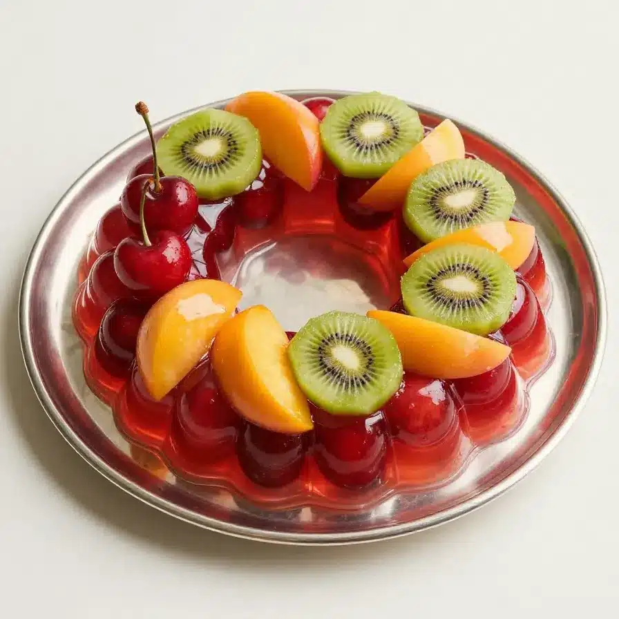 Gelatina de Queso Crema con Frutas: Postre Suave, Cremoso y Muy Colorido 5 A colorful dessert of cream cheese gelatin topped with assorted fruits