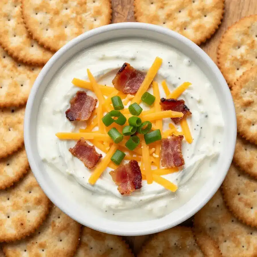 A creamy and colorful Million Dollar Crack Dip served in a bowl with tortilla chips on the side