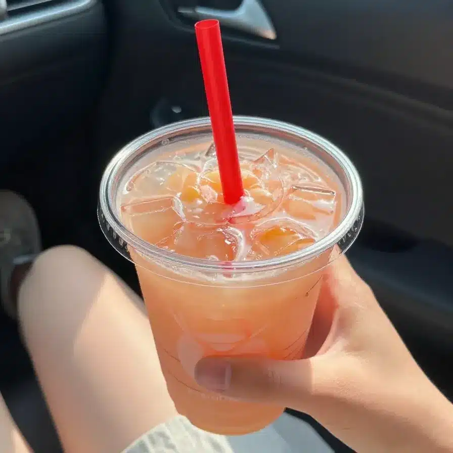 Strawberry Peach Protein Shake from Dunkin 5 A refreshing Strawberry Peach Protein Shake from Dunkin served in a clear cup with a straw