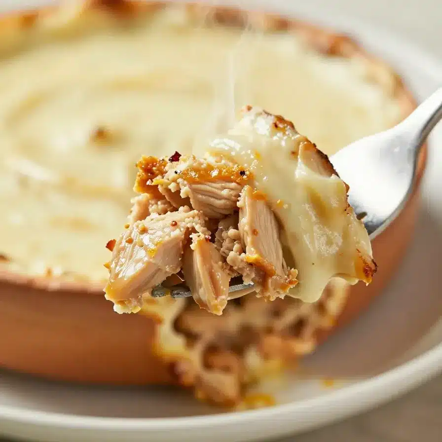 A creamy buffalo chicken dip served in a white bowl with tortilla chips on the side