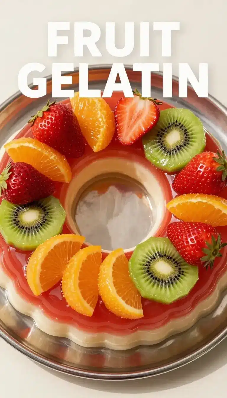 Gelatina de Queso Crema con Frutas: Postre Suave, Cremoso y Muy Colorido 9 A colorful dessert of cream cheese gelatin topped with assorted fruits