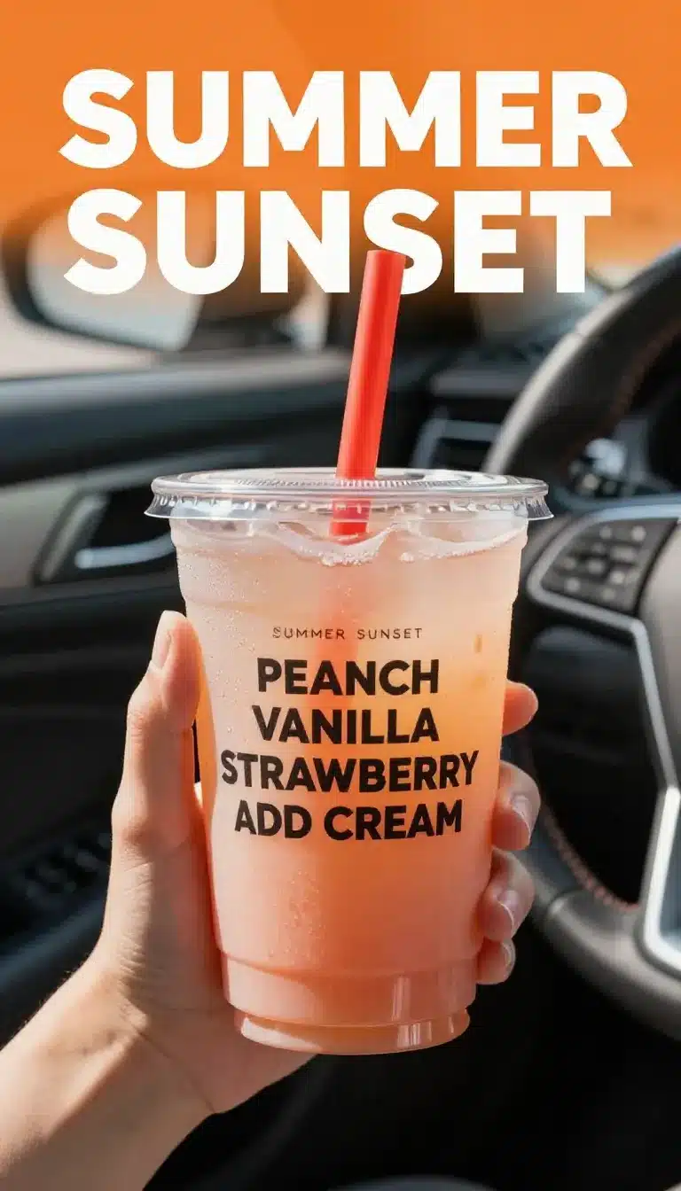 Strawberry Peach Protein Shake from Dunkin 9 A refreshing Strawberry Peach Protein Shake from Dunkin served in a clear cup with a straw