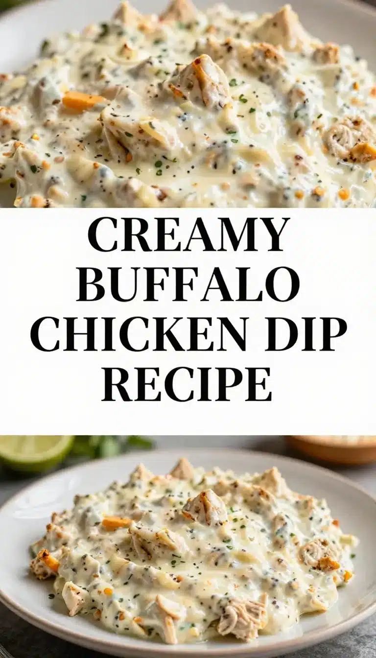 A creamy buffalo chicken dip served in a white bowl with tortilla chips on the side