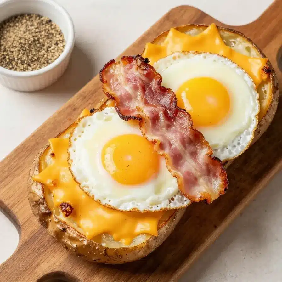 Twice Baked Loaded Breakfast Potatoes 5 Twice baked breakfast potatoes topped with melted cheese, crispy bacon, and green onions on a white plate.