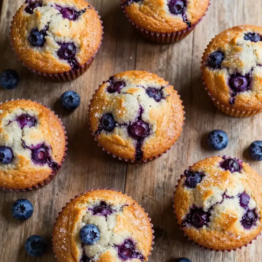 The Best Blueberry Muffins Ever 5 Freshly baked blueberry muffins on a wooden table