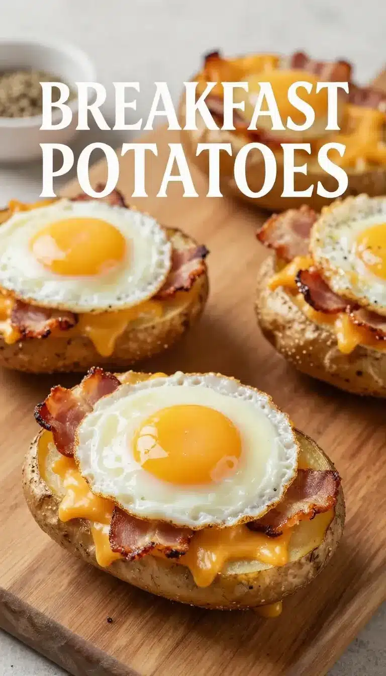 Twice Baked Loaded Breakfast Potatoes 9 Twice baked breakfast potatoes topped with melted cheese, crispy bacon, and green onions on a white plate.