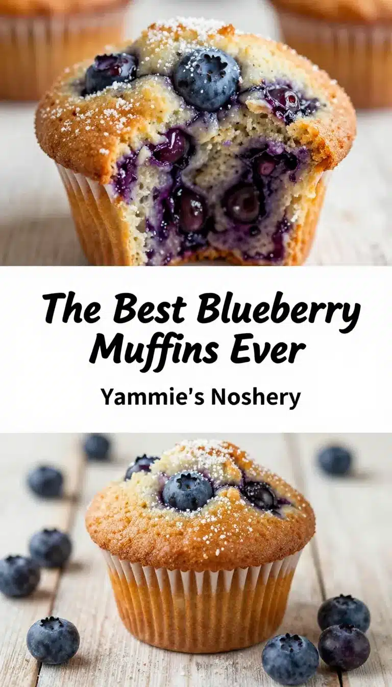 The Best Blueberry Muffins Ever 9 Freshly baked blueberry muffins on a wooden table