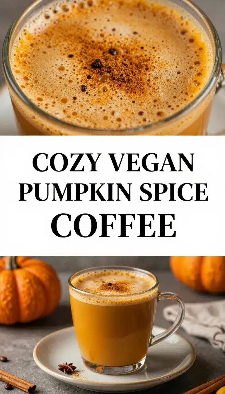Vegan Pumpkin Spice Coffee 9 A steaming cup of vegan pumpkin spice coffee topped with cinnamon and served in a cozy autumn setting.
