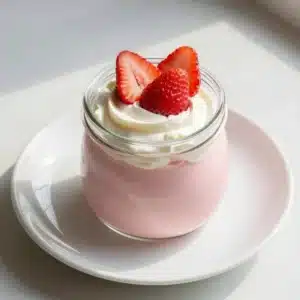 A delicious strawberry mousse served in a glass with fresh strawberries on top