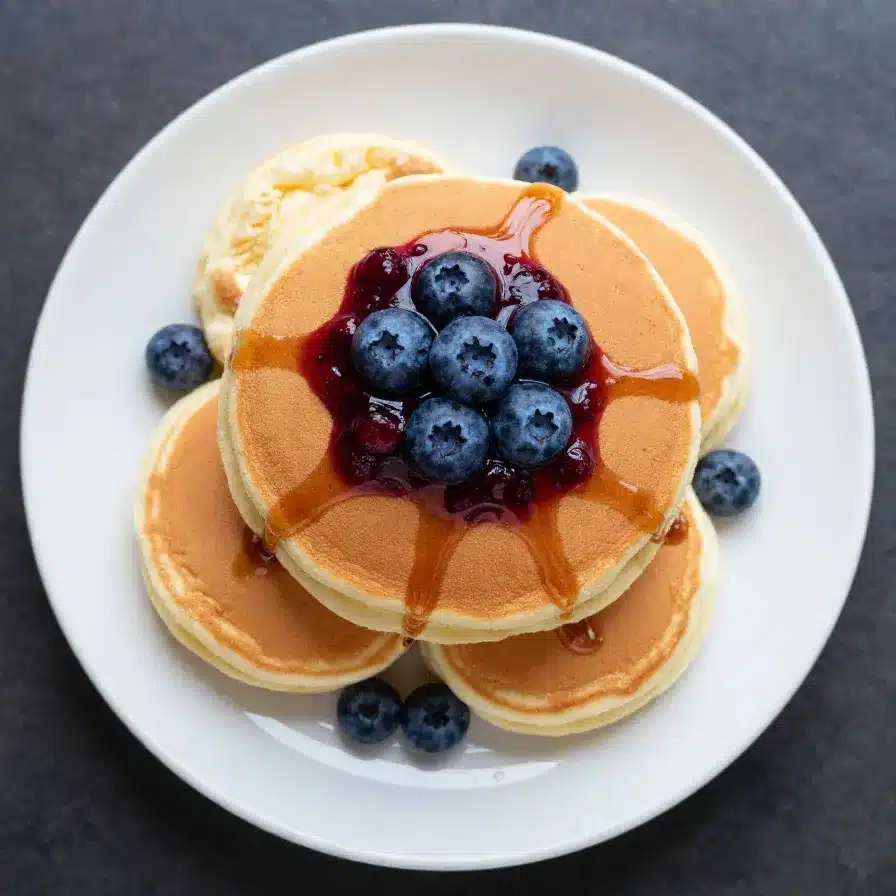 A stack of fluffy Japanese soufflé pancakes dusted with powdered sugar and topped with fresh berries.