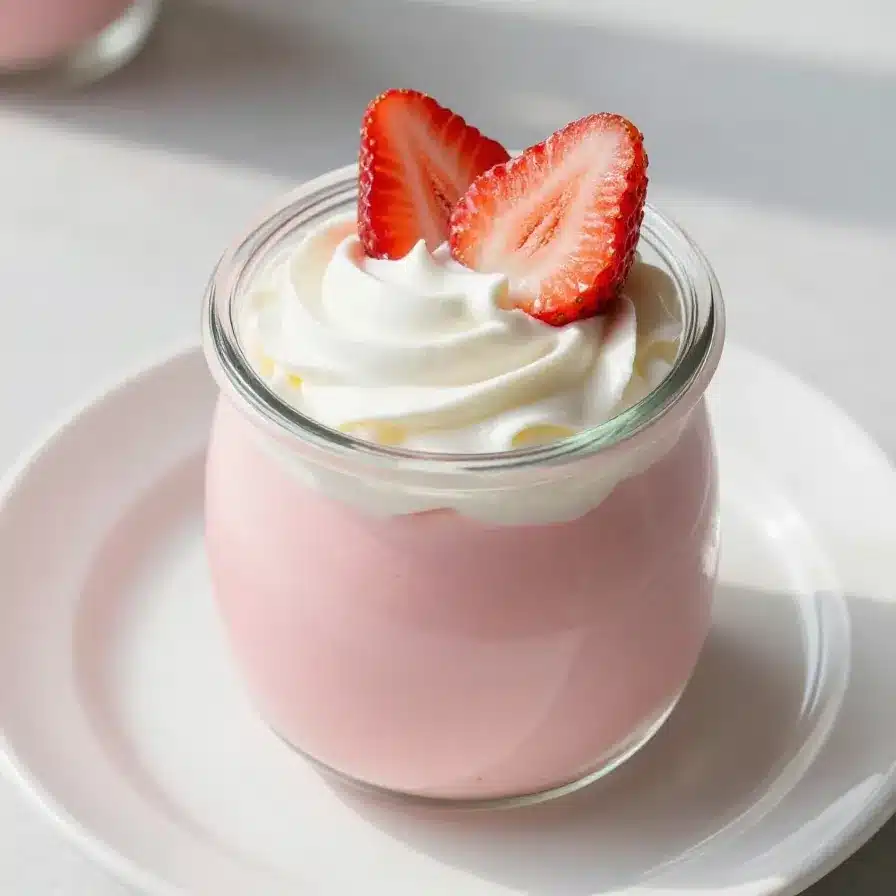 Strawberry Mousse Recipe 5 A delicious strawberry mousse served in a glass with fresh strawberries on top