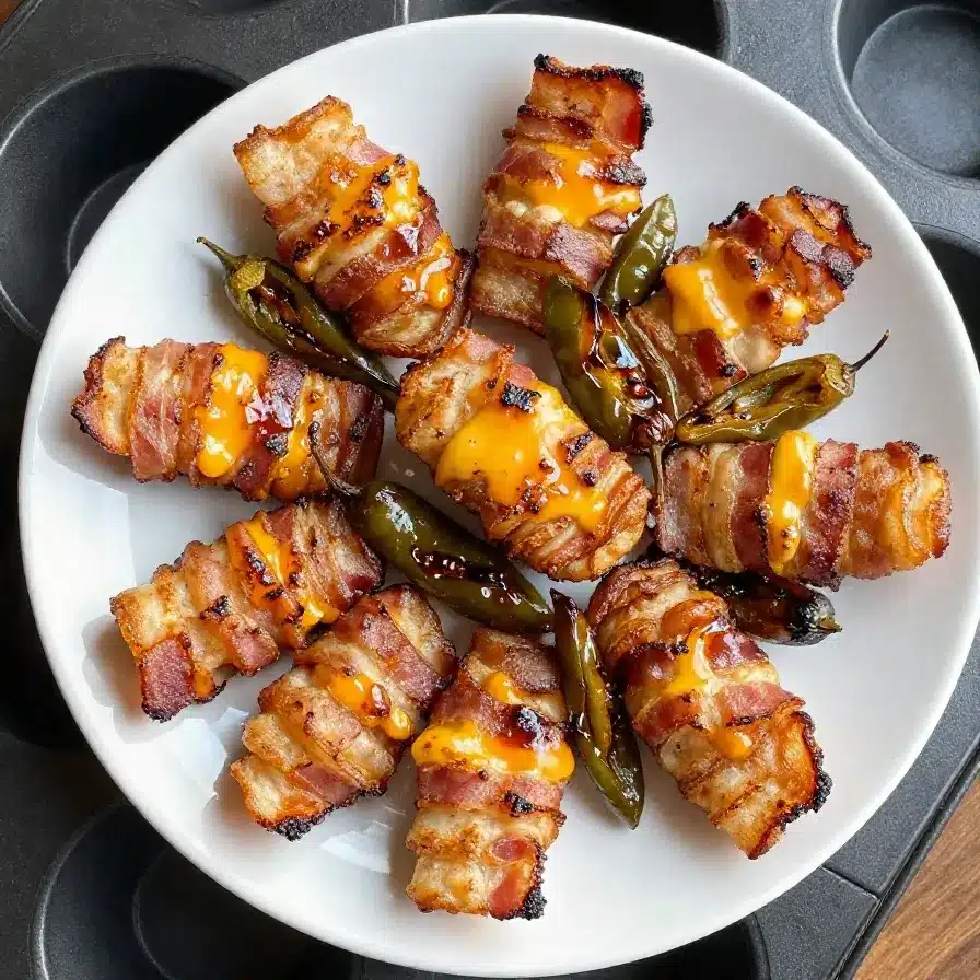 Bacon and Cheese Appetizers: Simple and Delicious Pig Shots Recipe 5 A platter of pig shots filled with cheese and topped with crispy bacon, garnished with green onions.