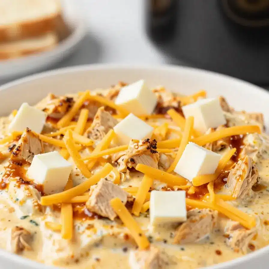 A bowl of creamy Buffalo chicken dip served with tortilla chips