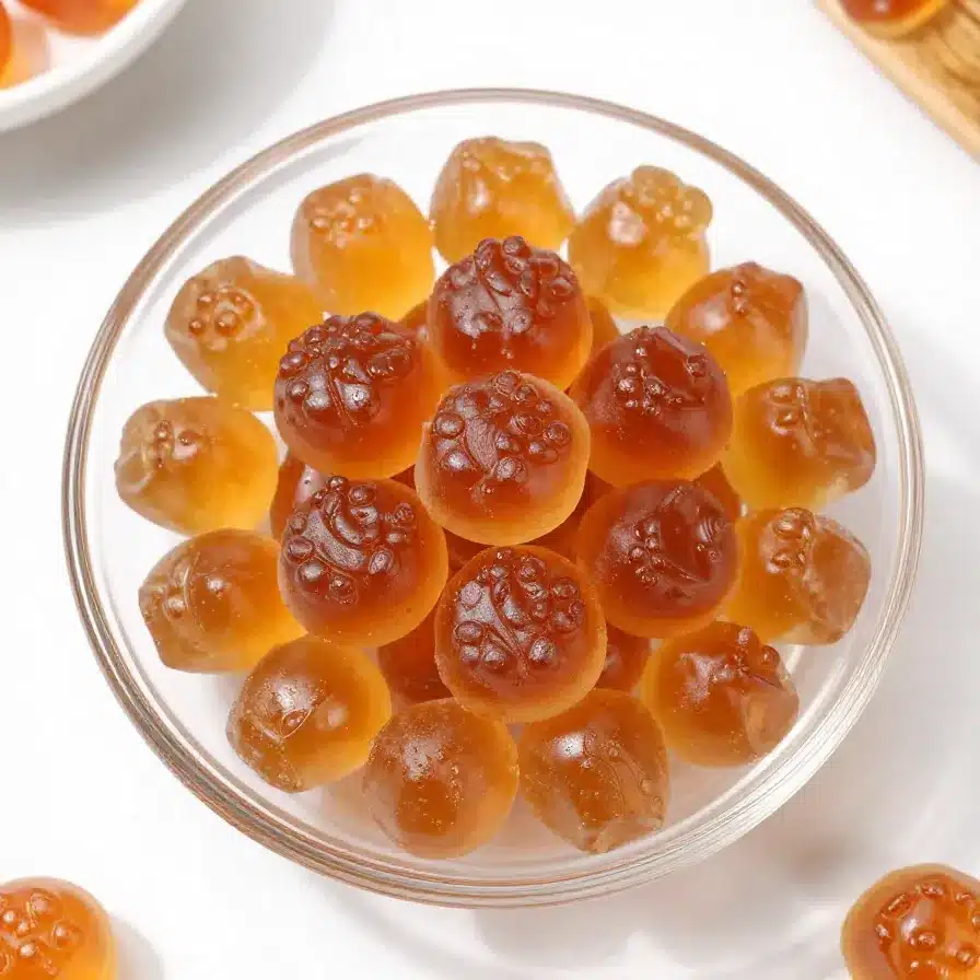 Making the Viral Tea Gelatin Collagen Gummy to Look Young Forever 5 Close-up of homemade tea gelatin collagen gummies shaped like small cubes on a white plate.