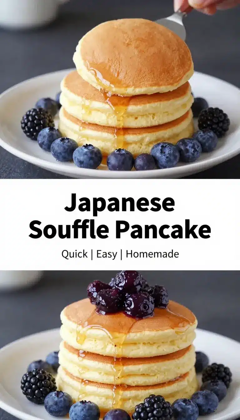 A stack of fluffy Japanese soufflé pancakes dusted with powdered sugar and topped with fresh berries.