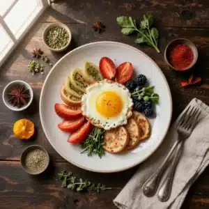 A healthy breakfast spread with pancakes, scrambled eggs, and fresh fruit on a wooden table.
