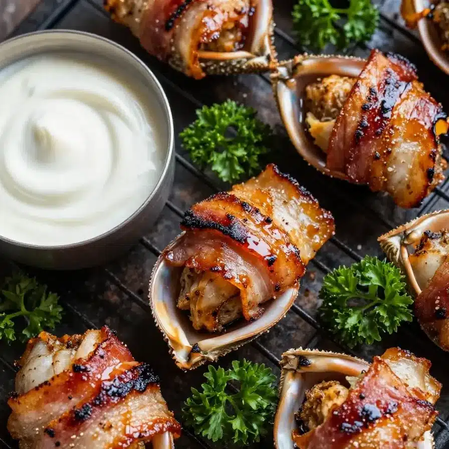 A platter of smoked shotgun shells filled with meat and cheese, garnished with fresh herbs