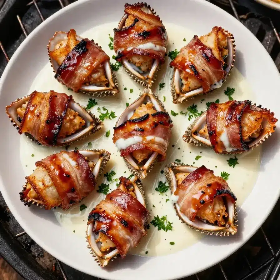 Smoked Shotgun Shells Recipe with Meat and Cheese 5 A platter of smoked shotgun shells filled with meat and cheese, garnished with fresh herbs