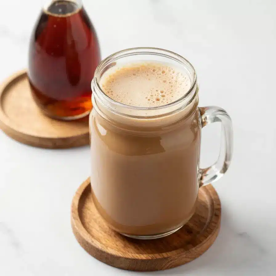 Homemade chai syrup in a glass jar next to a cup of chai latte on a wooden table.