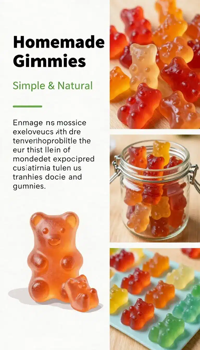 Homemade Gummis with Fruit Powder 8 Colorful homemade gummy candies made with fruit powder on a wooden table