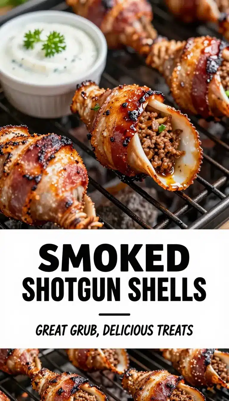 Smoked Shotgun Shells Recipe with Meat and Cheese 9 A platter of smoked shotgun shells filled with meat and cheese, garnished with fresh herbs