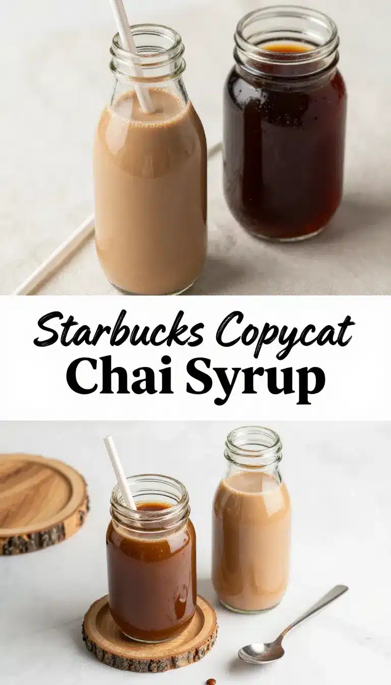 Homemade chai syrup in a glass jar next to a cup of chai latte on a wooden table.