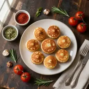 A close-up of freshly baked pancake mini muffins arranged on a wooden plate.