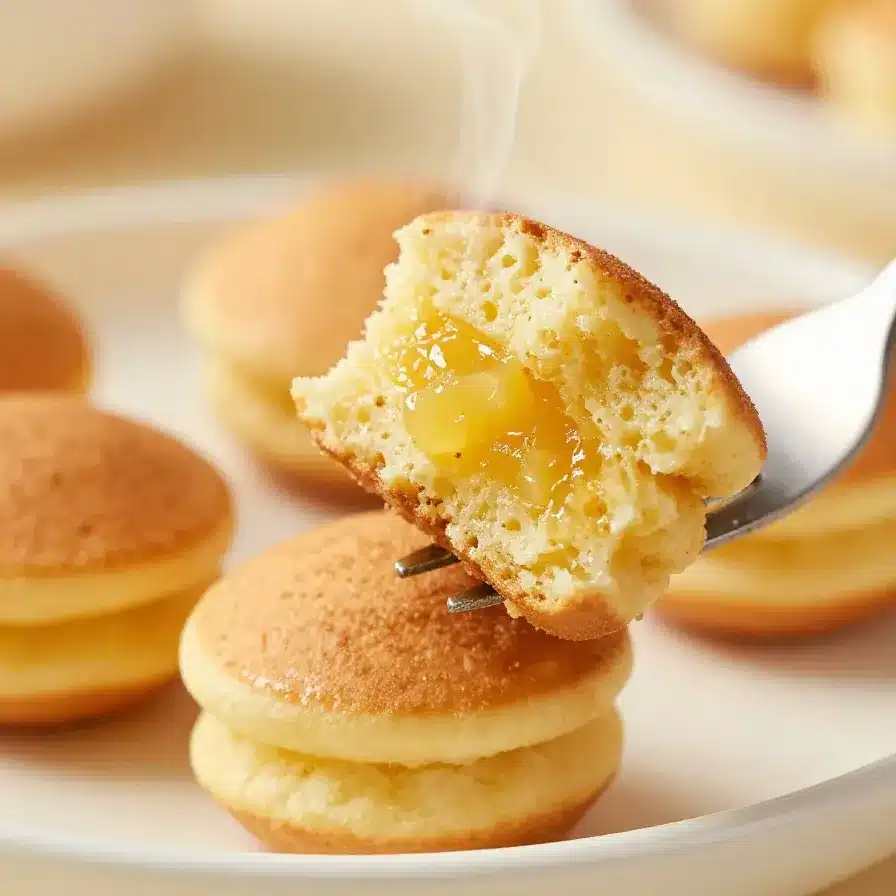 Pancake Mini Muffins 5 A close-up of freshly baked pancake mini muffins arranged on a wooden plate.
