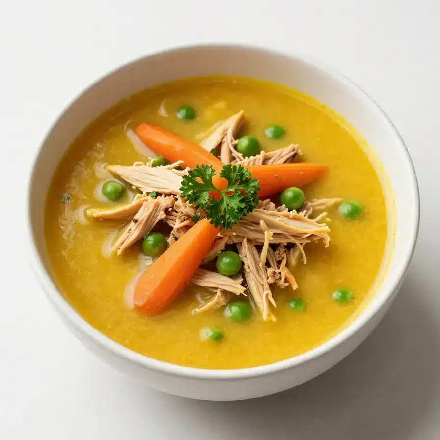 Healing Turmeric Chicken Soup 5 A bowl of healing turmeric chicken soup garnished with fresh herbs