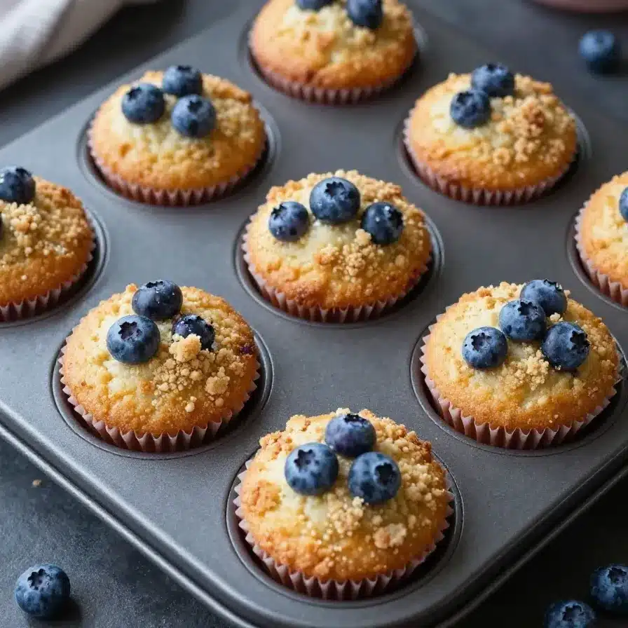Blueberry Muffin Recipe 5 Freshly baked blueberry muffins on a cooling rack