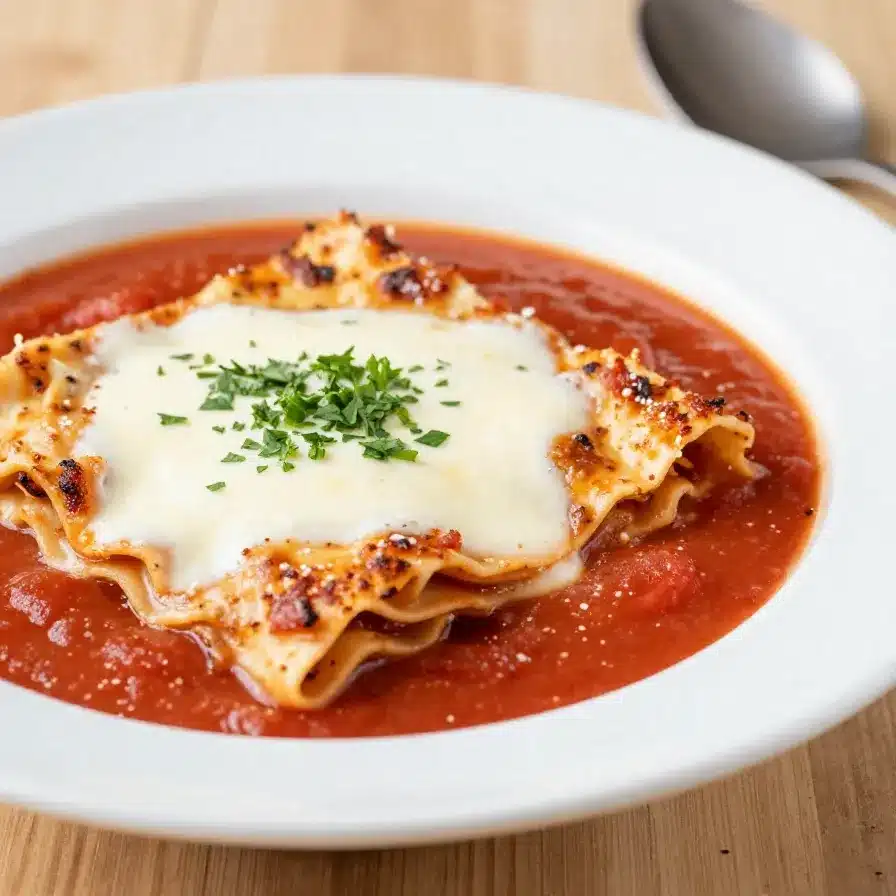A steaming bowl of lasagna soup topped with melted cheese and fresh basil