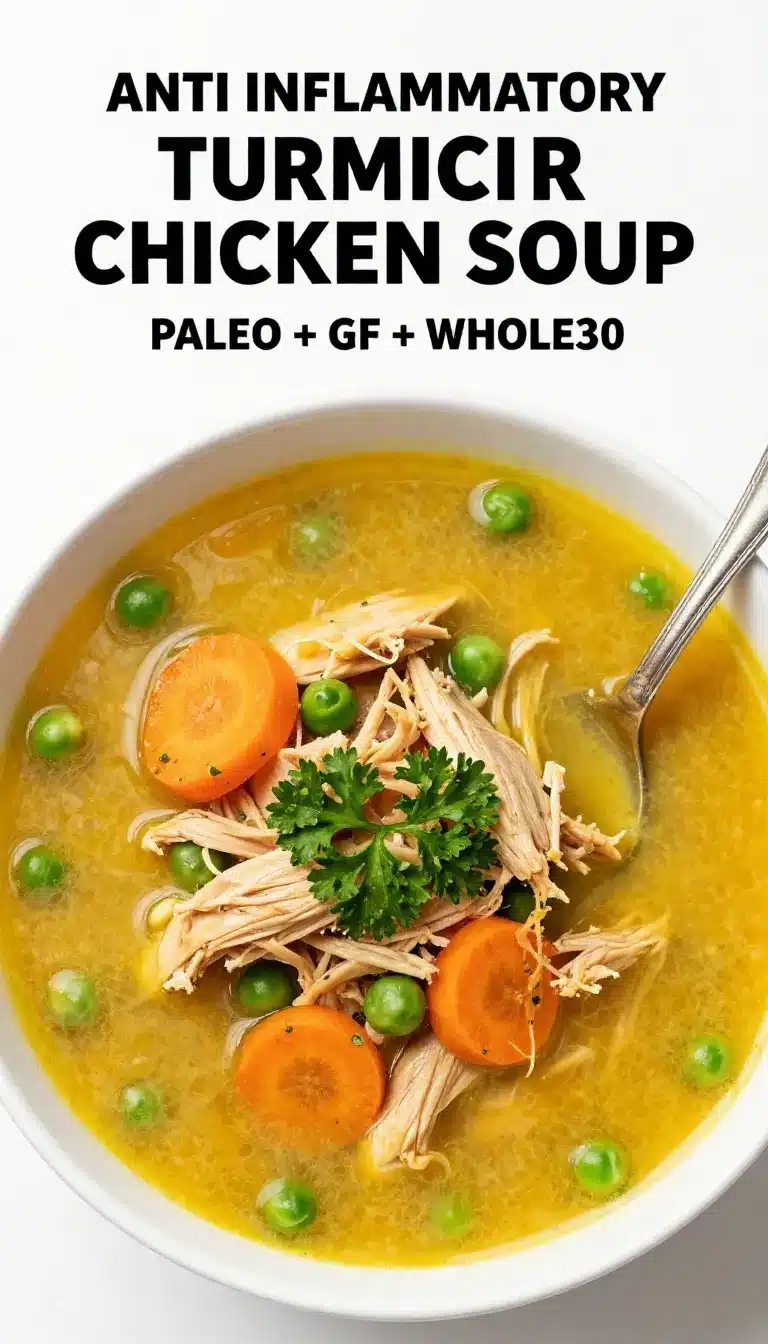 Healing Turmeric Chicken Soup 9 A bowl of healing turmeric chicken soup garnished with fresh herbs