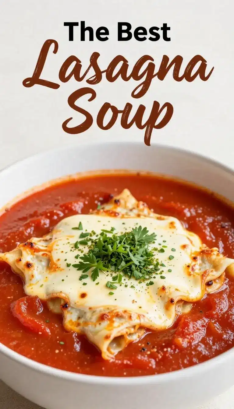 A steaming bowl of lasagna soup topped with melted cheese and fresh basil
