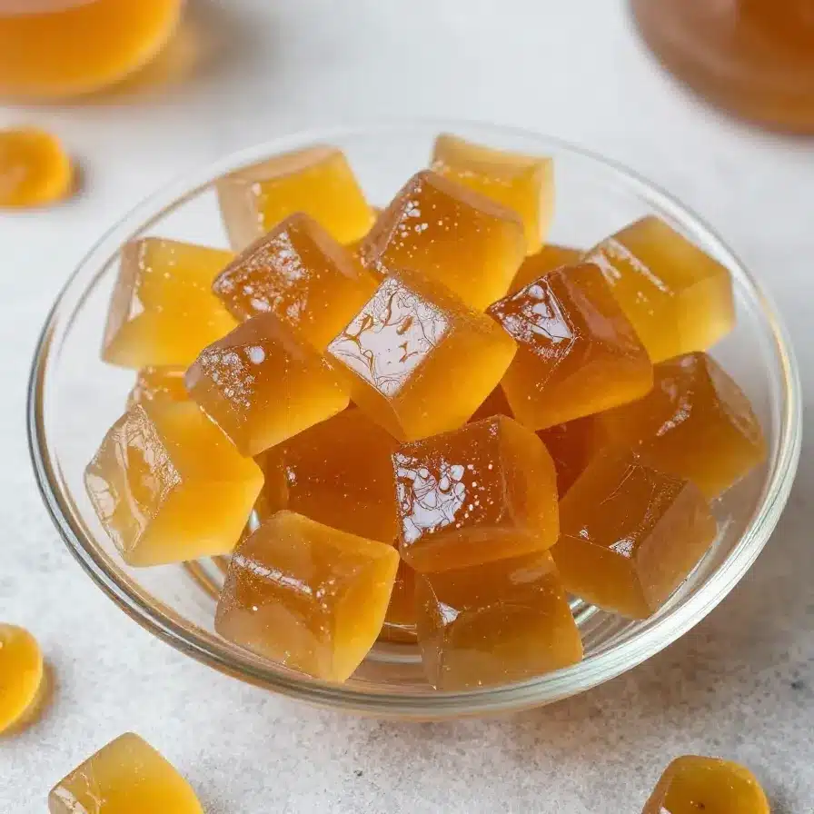 A small bowl of green tea gelatin cubes topped with a fresh mint leaf