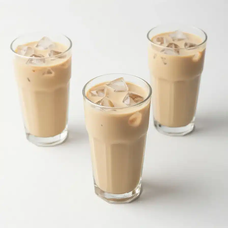 Lite iced Chai Latte 5 A light iced chai latte in a clear glass filled with ice and topped with a creamy cinnamon-spiced foam