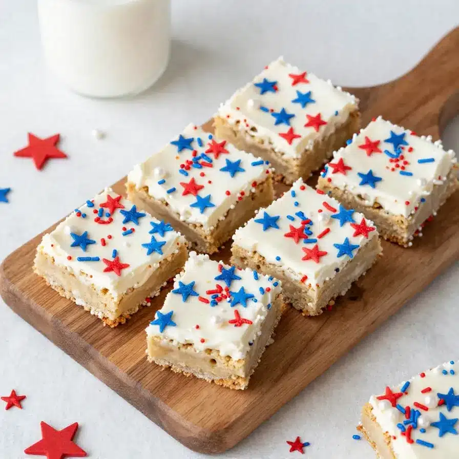 Patriotic Sugar Cookie Bars 5 A tray of patriotic sugar cookie bars topped with red, white, and blue frosting and sprinkles