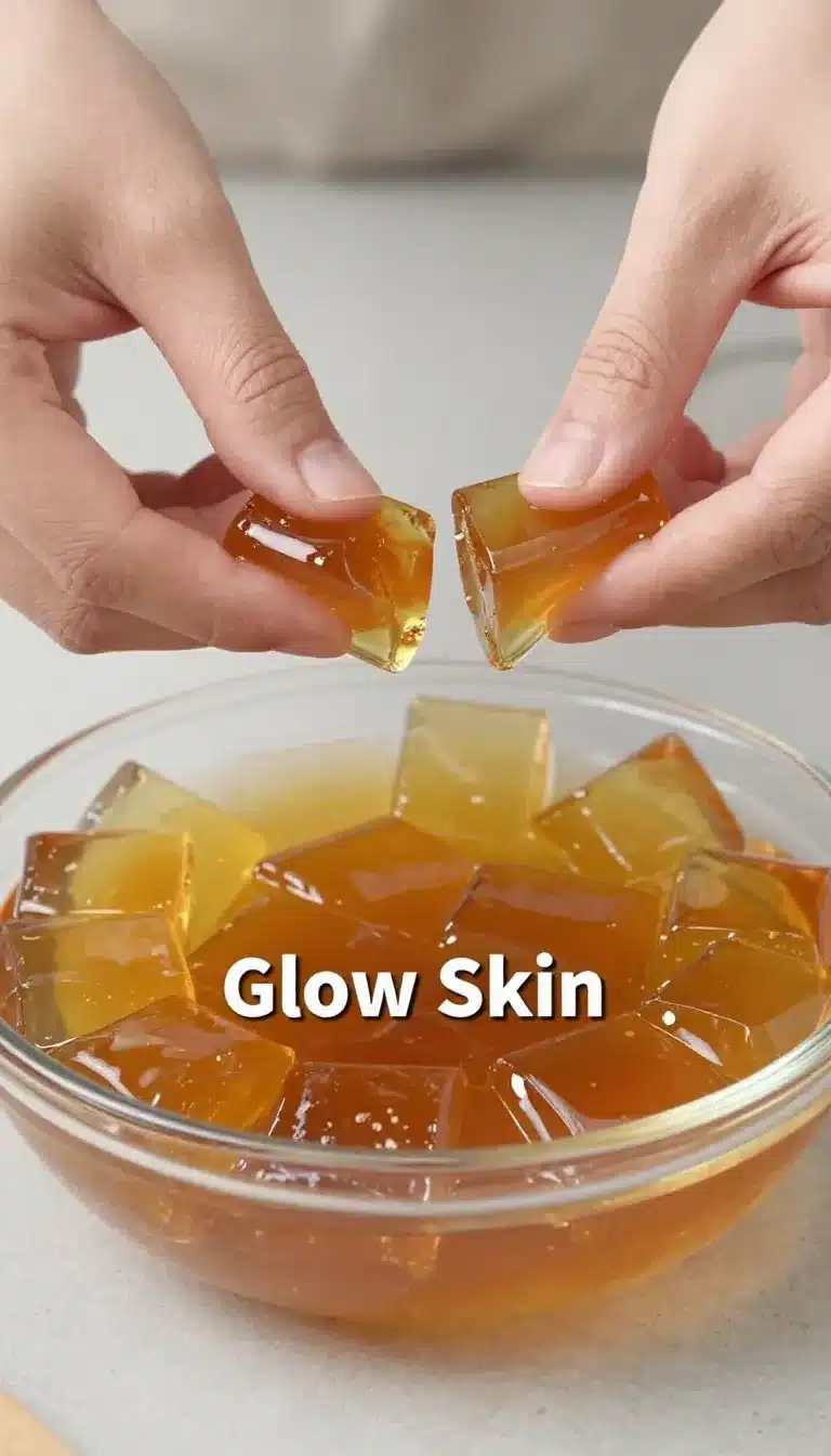 A small bowl of green tea gelatin cubes topped with a fresh mint leaf