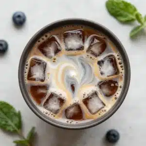 A glass of homemade iced coffee with ice cubes and milk on a wooden table