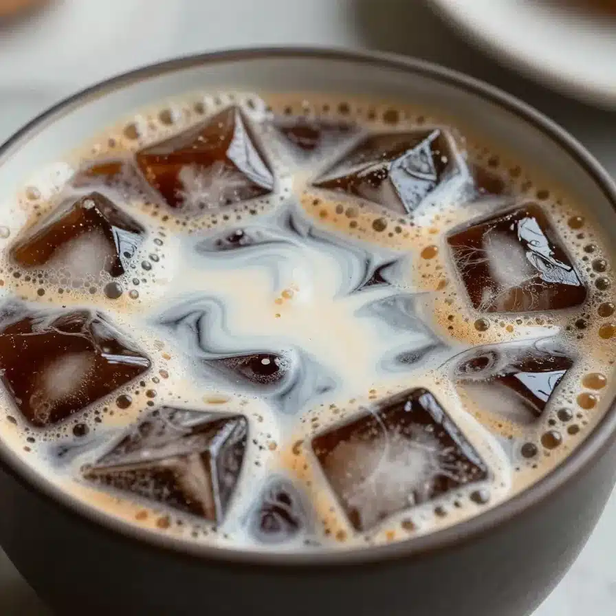 A glass of homemade iced coffee with ice cubes and milk on a wooden table