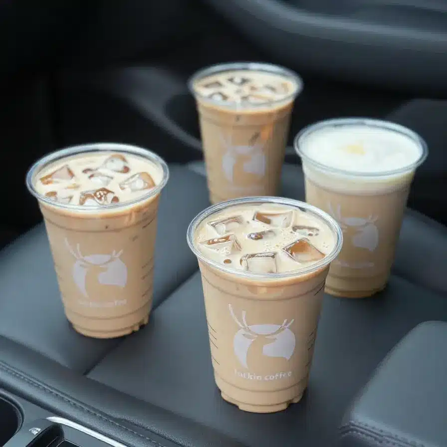 Starbucks Iced Pumpkin Spice Chai Latte 5 A Starbucks iced pumpkin spice chai latte served in a clear cup with ice and a creamy spiced topping.