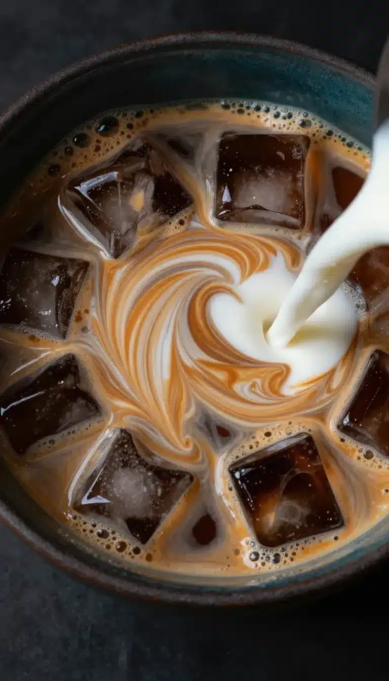 A glass of homemade iced coffee with ice cubes and milk on a wooden table