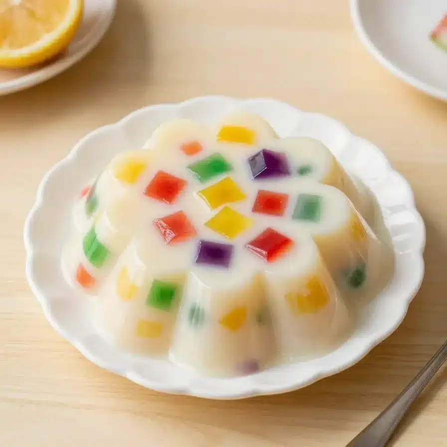 Gelatina Mosaico 5 Colorful mosaic gelatin dessert with cubes of fruit-flavored jelly in a creamy base, served on a white plate